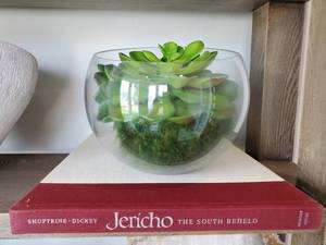 lot 104 image: Glass Bowl with Faux Succulents & Book