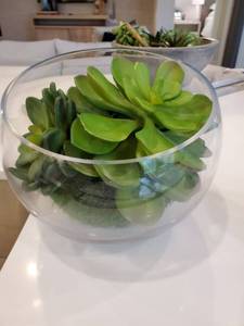 lot 168 image: Slanted Glass Bowl with Faux Succulents