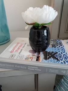 lot 6 image: Black Ceramic Vase with Faux Flowers & Apartment Therapy Book