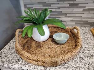 lot 46 image: Wicker Tray with Small Bowl & Faux Plant