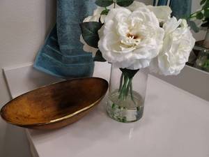 lot 100 image: Oval Wooden Bowl & Faux Flowers