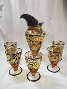 lot 42 image: Vintage Amber Glass Pitcher & Glasses