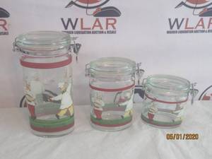 lot 24 image: 3 PC BON APPETIT CHEF CLEAR GLASS CANISTER SET WITH CLAMP TOP LID&nbsp