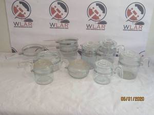 lot 47 image: TOTAL OF 9 PC 1950S VINTAGE PYREX GLASS FLAMEWARE COOKWARE&nbsp - PECOLATORS , TEAPOTS, DOUBLE BOILER , SAUCEPANS, AND MORE&nbsp SEE PICS&nbsp