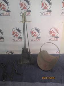 lot 63 image: 6 PC VINTAGE&nbsp FIRE PLACE TOOL SET- VINTAGE WOOD BASKET ,FIRE -POKER,ASH SHOVEL,TONGS,BROOM AND STAND&nbsp