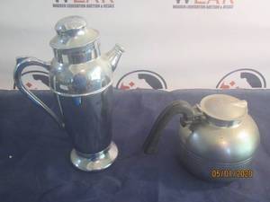 lot 66 image: VINTAGE CHROME COCKTAIL SHAKER&nbsp POURER &amp VINTAGE STAINLESS STEEL MAKER CARAFE POT&nbsp