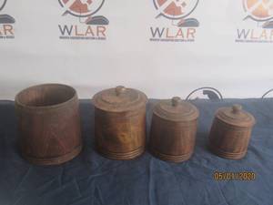 lot 95 image: SET OF 4 1960S MID CENTURY&nbsp MODERN TEAK WOOD CANISTERS WITH&nbsp LIDS&nbsp&nbsp- ALL LIDS HAVE BEEN MADE AVAILABLE&nbsp