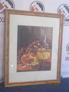 lot 105 image: STILL LIFE WITH GRAPES ,PEACHES,HAZELNUTS AND A METAL CASKET FRAMED WALL PRINT&nbsp