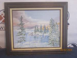 lot 106 image: A WOODED WINTER LANDSCAPE CANVAS WALL ART&nbsp FRAMED BY JOAN VEST&nbsp