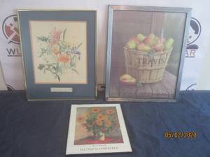 lot 113 image: TOTAL OF 3 FRAMED WALL ARTS&nbsp-HAND PAINTED SUMMER FLOWERS WITH BIBLE VERSE ROMANS 828&nbsp- COUNTRY PEARS WOOD BASKET&nbsp&nbsp- SUNFLOWER BY CLAUDE MONET&nbsp&nbsp -&nbsp