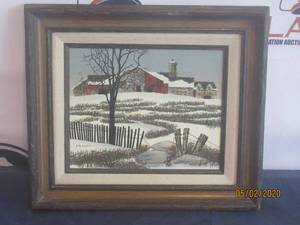 lot 116 image: H. HARGROVE OIL PAINTING SERIGRAPH RED BARN &amp WINDMILL WINTER&nbspSNOW