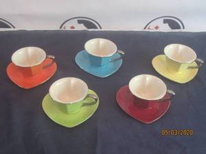 lot 239 image: TOTAL OF 10 PC ESPRESSO CUPS &amp SAUCERS INSIDE OUT WHIMSICAL&nbsp HEART SHAPED TRIMMED IN GOLDPORCELAIN&nbsp&nbsp- RED,GREEN,BLUE ORANGE ,YELLOW&nbsp