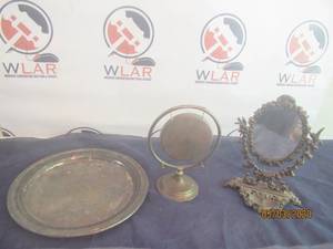 lot 287 image: TOTAL OF 3 ITEMS&nbsp&nbsp- 12  SWIVEL SILVER VANITY TABLE MIRROR- VINTAGE BRASS TABLETOP DINNER GONG&nbsp&nbsp&nbsp- 15  DIAM&nbsp &nbspSILVER PLATED PLATTER  TRAY&nbsp