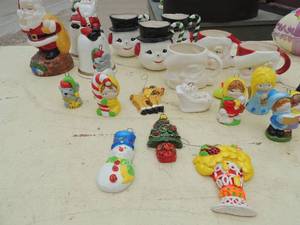 lot 447 image: Ceramic handmade Christmas lot. Bells, snowman, Santa cups, ornaments, and 2 unpainted pieces