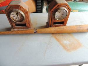 lot 457 image: Wooden clock needs repair x 2 and Adirondack baseball bat