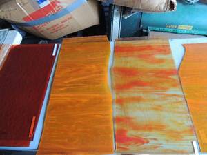 lot 459 image: Stain glass- red 11x12 x 2, bright orange 16x11 and 21 x 12, clear orange 26x13