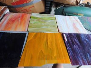 lot 354 image: Stained glass square shaped-pink orange 12x12 x 2, dark blue 12x12, orange 12 x 12, lime green 12x13 2 pieces, dark cotton candy 12 x 11, dark purple 12x12 2 pieces, cream 12x12