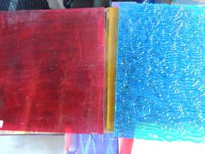 lot 462 image: Stained glass- orange 16x10,dark yellow 13x12, creamy yellow 13x12, bubbled blue 12x13, sky blue 16x11, red 12x12, yellow 13x12