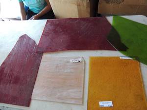 lot 438 image: Stained glass rose pink 12x12, green,12x14, Maroon 22x14 and 26x14, yellow 11x13