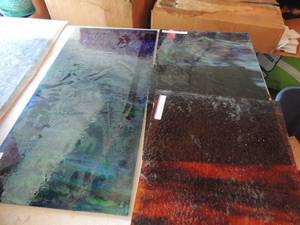 lot 441 image: Stained glass brown stucky 24x12,blu green 24x12, black 12x12, green blue 12x12