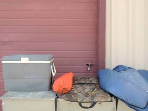 lot 444 image: Blue sleeping bag single, camo chair cover for fishing orange 1 person tent Koolmade electric ice chest