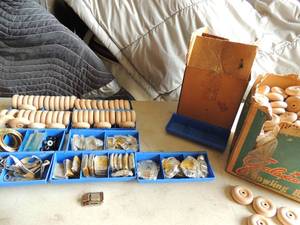 lot 389 image: Briefcase snap locks, wooden knobs, clock pieces, bins  and more