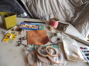 lot 397 image: Leather patch with rose design- speaker wire, 3 new rolls of copper foil and 2 used lamp kit NIP   wood pegs