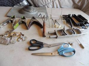 lot 403 image: Galvenized roof VENT, latches, scissors, peg board hooks and more