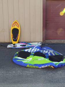 lot 429 image: yellow water ski toy, large Sheyvilo Skibob seats 2, 3 seated tube for boat