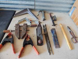 lot 368 image: Wood clamps , 8 hand wood planer by Corsair,  clamps, shelving pieces,  log splitter grease gun and more
