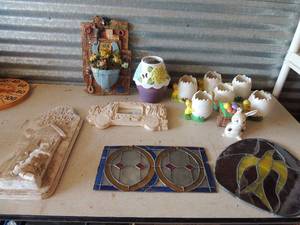 lot 371 image: 6 cracked egg duck dcor ceramic bunny pulling  a basket of eggs, outdoor ceramic candle holder Heavy wall plaque, 2 pieces of stain glass -  bird 13x11 and circles 14 x 8