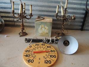 lot 373 image: Outside thermometer, 2 antique chandelier lamps need TLC music box silent night NIB and desk lamp