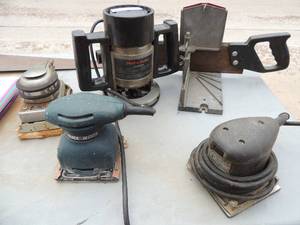 lot 382 image: Black and Decker router 1 HP,  central orbital sander,   small B&D sander x 2 and hand saw