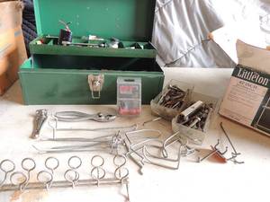 lot 384 image: Green tool box  of peg board hooks large bolts plyers and more