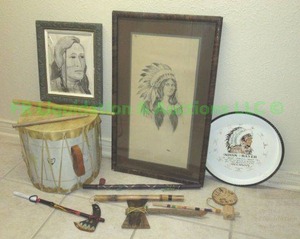 lot 10 image: Native Amercian framed prints and collectibles, largest measures 12 x 25