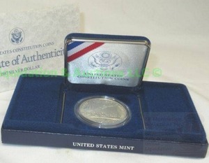 lot 210 image: Silver U.S. constitution 1987 commemorative dollar with COA