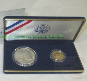 lot 226 image: 14 oz. Gold and 1 oz. Silver U.S. constitution 1987 commemorative coin set with COA