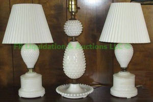 lot 137 image: Hobnail milkglass lamp set