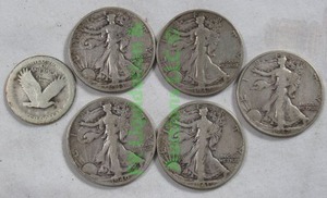 lot 262 image: Silver walking Liberty half dollars (5) & Silver walking Liberty quarter