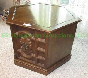 lot 167 image: Retro hexagon shape end table plus contents 30 x 30 x 20 matches lot 127
