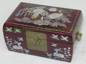 lot 132 image: Asian theme rosewood mother of pearl inlaid with brass trim jewelry box
