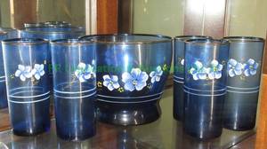 lot 180 image: Vintage Blue cobalt glass hand painted tumbler set with ice bucket