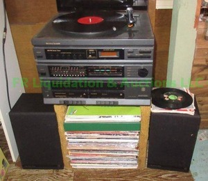 lot 332 image: GE stereo receiver, turn table cassette deck combo plus records and speakers