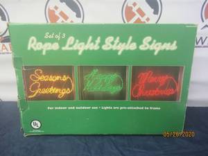 lot 38 image: SET OF 3 CHRISTMAS ROPE LIGHTS STYLE SIGNS FOR INDOOR  OUTDOOR USE&nbsp-SEASON GREETINGS- HAPPY HOLIDAY&nbsp- MERRY CHRISTMAS
