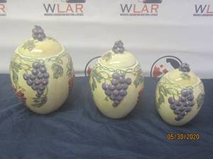 lot 148 image: TOTAL OF 3 MERITGE CANISTERS WITH LIDS BY NOBLE EXCELLENCE&nbsp&nbspGRAPE DESIGN