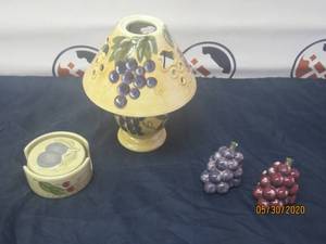 lot 149 image: -MERITAGE BY NOBLE EXCELLENCE TEA LIGHT LAMP&nbsp-GRAPE DESIGN SALT &amp PEPPER SHAKERS&nbsp&nbsp- 4 FRUIT DESIGN DRINK COASTERS&nbsp