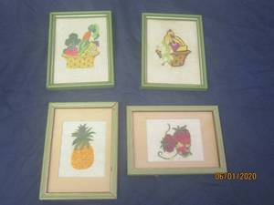 lot 213 image: TOTAL OF 4 VINTAGE FRAMED EMBROIDERED FRUIT PICTURE HOME DECOR&nbsp