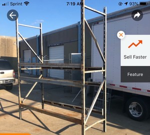 lot 162 image: PALLET RACK 8FT LONG BY 10FT TALL 2 UPRIGHTS AND 6 CROSS BEAMS (3 ADJUSTABLE SHELVES)