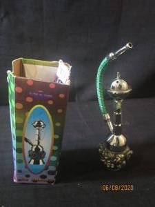 lot 443 image: GLOW IN THE DARK METAL GREEN HOSE CHROME MINI HOOKAH IN ORIGINAL BOX