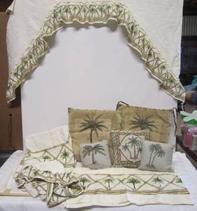 lot 55 image: Palm Tree Themed Curtains &amp cushions